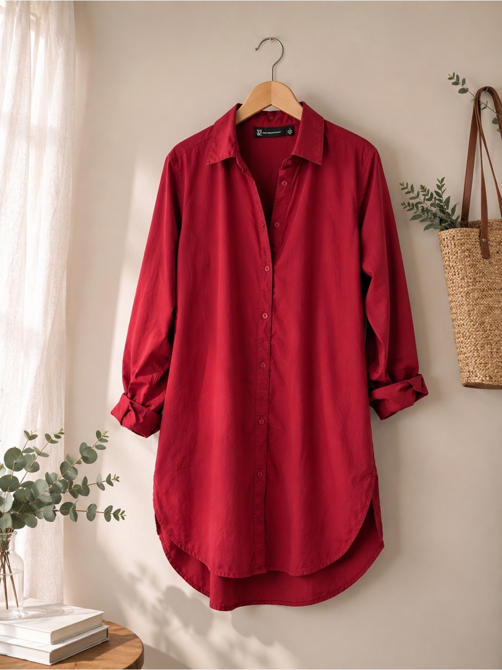 NY Collection Women Cotton Petite Burgundy Longline Button Up Tunic Shirt - Picture 2 of 12